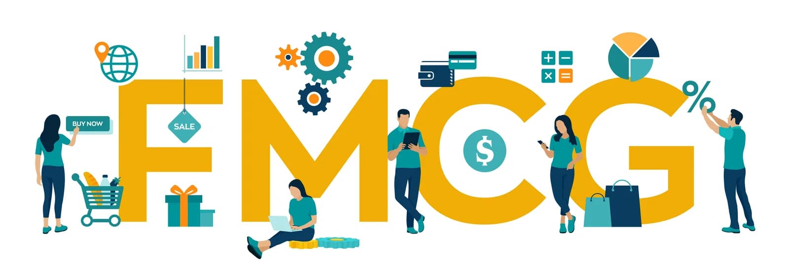 fmcg. fast moving consumer goods acronym. quickly moving product, short term goods. business and commerce concept with big word or text. vector illustration with characters and icons.